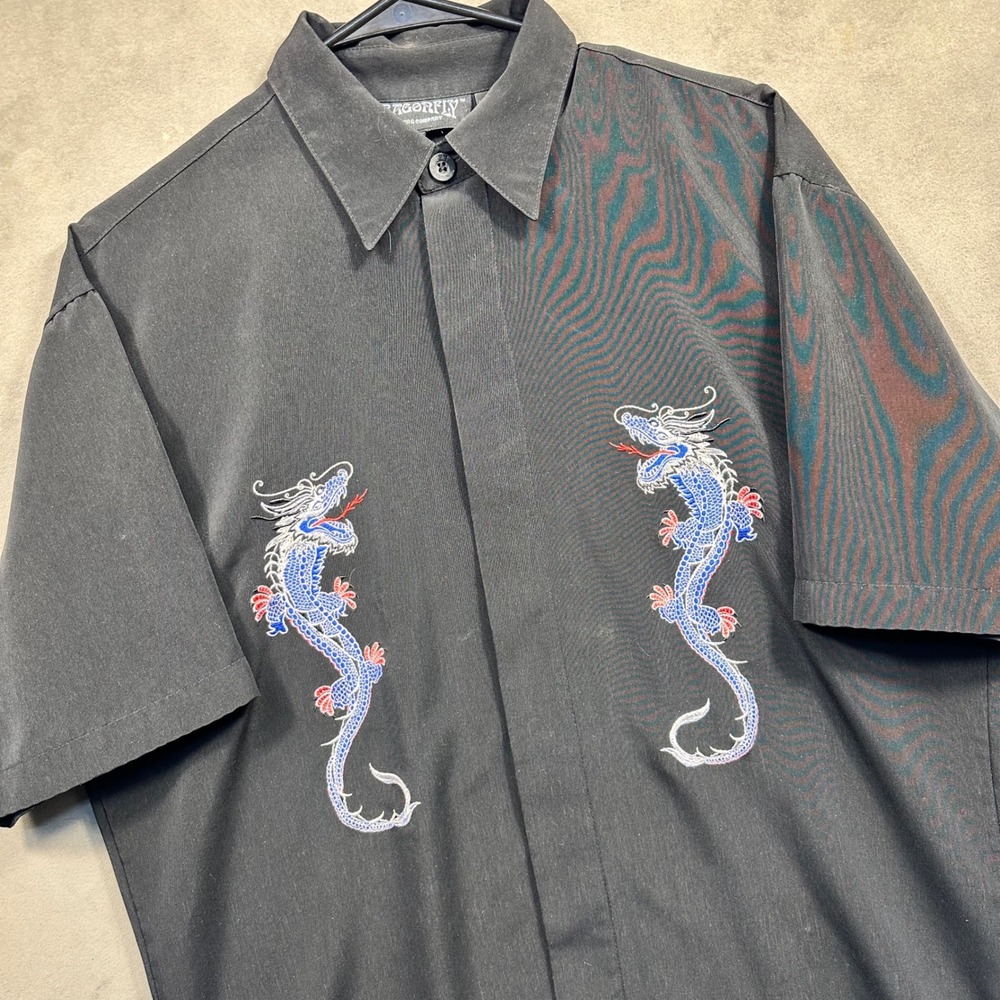 Dragonfly Button Up Shirt Mens Medium Black Blue Dragon Embroidered Excellent